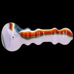 Glass cannabis pipe with colorful swirls and textured grip.