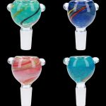 Four glass cannabis bowls with colorful swirls, displayed against a black background.