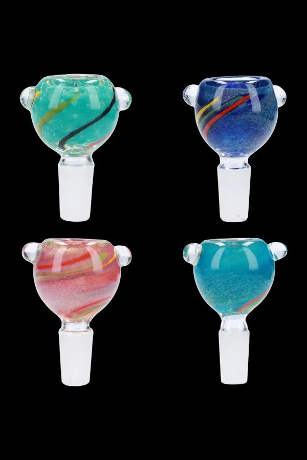 Four glass cannabis bowls with colorful swirls, displayed against a black background.