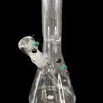 Clear glass water pipe (bong) with green and black accents, isolated on a black background.