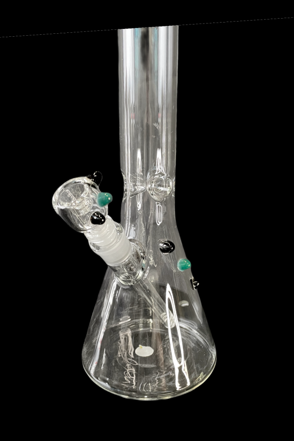 Clear glass water pipe (bong) with green and black accents, isolated on a black background.