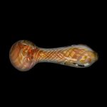 A side view of the Gold Fume Twisty Spoon Pipe, showcasing its colorful, swirling glass design.