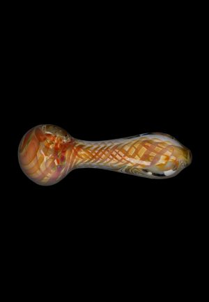 A side view of the Gold Fume Twisty Spoon Pipe, showcasing its colorful, swirling glass design.
