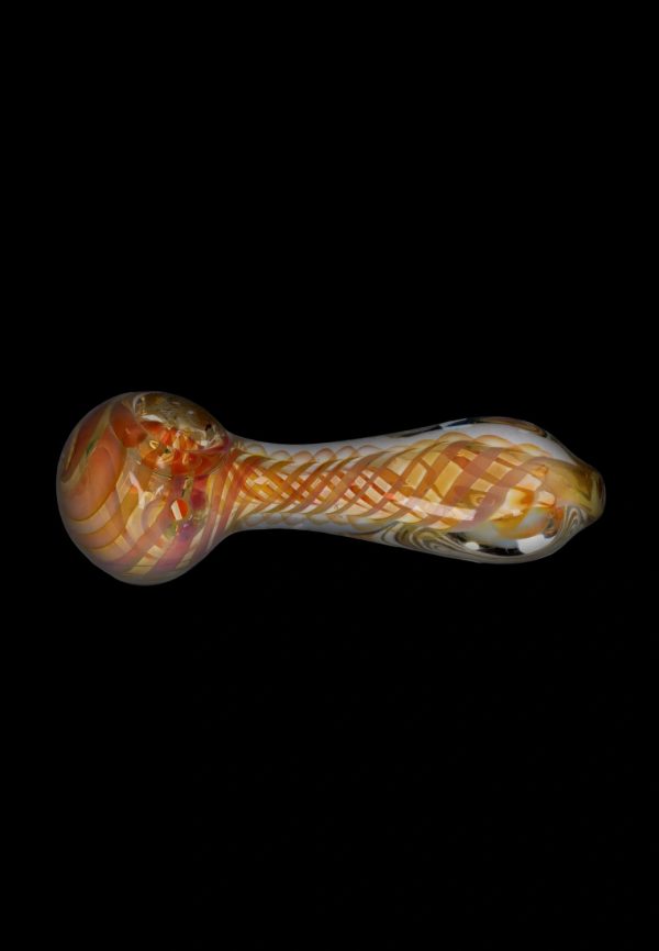 A side view of the Gold Fume Twisty Spoon Pipe, showcasing its colorful, swirling glass design.