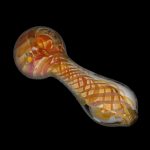 The Gold Fume Twisty Spoon Pipe - 5 in. is shown in a side view, featuring a swirling fume pattern within the glass.