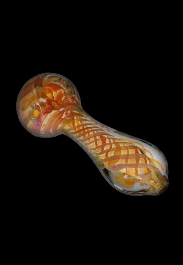 The Gold Fume Twisty Spoon Pipe - 5 in. is shown in a side view, featuring a swirling fume pattern within the glass.