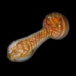 A side view of the 5-inch Gold Fume Twisty Spoon Pipe, showcasing its colorful, swirling glass design.