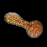 A side view of the 5-inch Gold Fume Twisty Spoon Pipe, showcasing its swirling, colorful glass design.