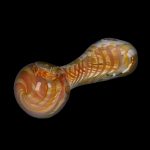A side view of the 5-inch Gold Fume Twisty Spoon Pipe, featuring a swirling, colorful glass design.