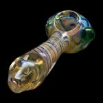 Hand pipe with iridescent glass swirls.