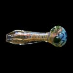 Hand-blown glass pipe with iridescent swirls and a dark bowl.