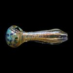 Glass pipe with colorful swirls against a black background.