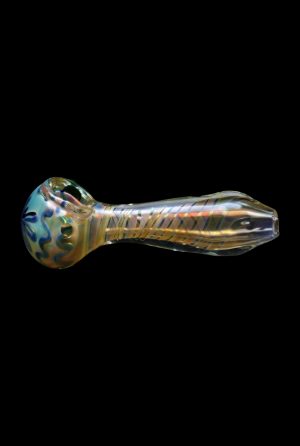 Glass pipe with colorful swirls against a black background.