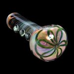 Hand-blown glass pipe with iridescent floral pattern.