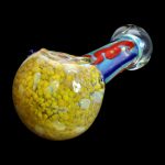 Hand-blown glass pipe with a speckled yellow and gold bowl and colorful stem.