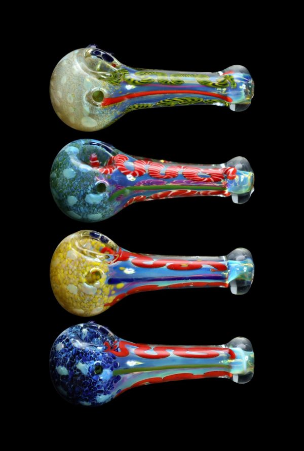 Four colorful glass smoking pipes stacked vertically against a black background.