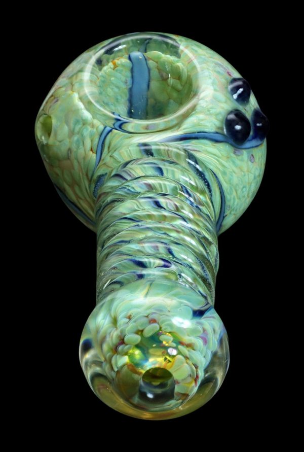 Hand-blown glass pipe with green and blue swirls.