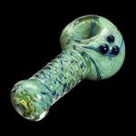 Green glass cannabis pipe with blue swirls and textured stem.