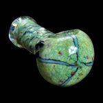 Green glass water pipe with blue vein-like patterns, isolated on a black background.