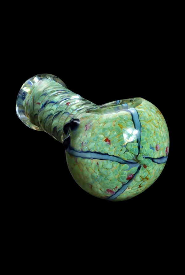 Green glass water pipe with blue vein-like patterns, isolated on a black background.