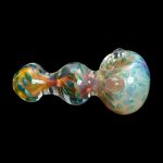 Hand-blown glass pipe with colorful iridescent swirls.