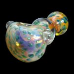 Iridescent glass cannabis water pipe with bubbly, colorful design on a black background.