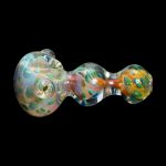 Handblown glass pipe with colorful speckled pattern.