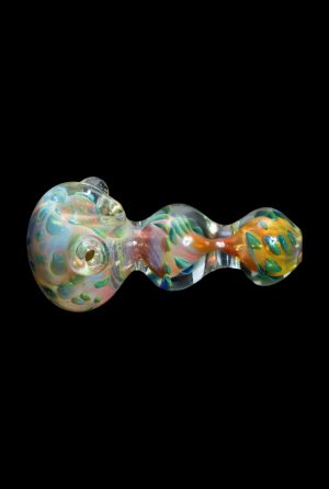 Handblown glass pipe with colorful speckled pattern.