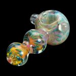 Hand-blown glass pipe with iridescent swirls and vibrant colors.