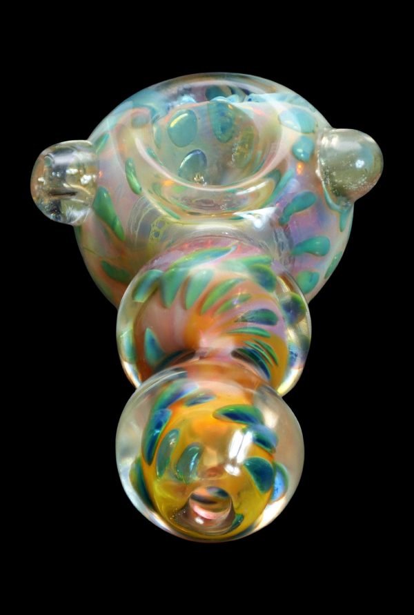 Hand-blown glass bubbler with iridescent swirls.
