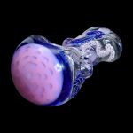 Handblown glass pipe with vibrant purple and blue coloration.