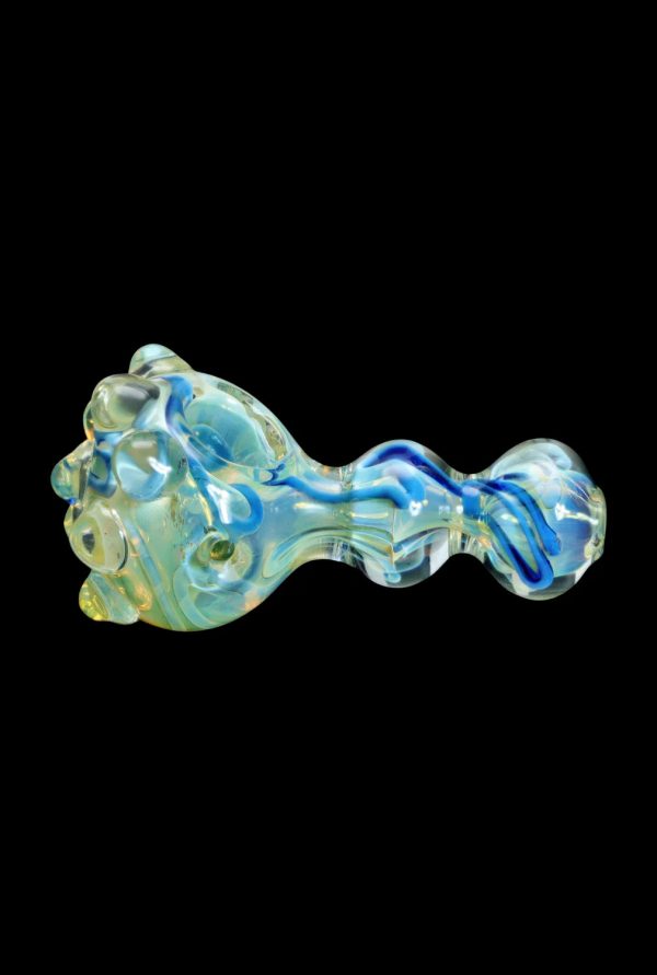 Glass pipe with swirling blue and iridescent finish.