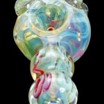 Hand-blown glass pipe with swirling iridescent colors.