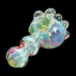 Glass cannabis pipe with iridescent swirls and bubble-like formations.
