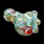 Hand-blown glass cannabis water pipe with colorful swirls.