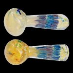 Two glass smoking pipes with colorful speckled and striped designs against a black background.