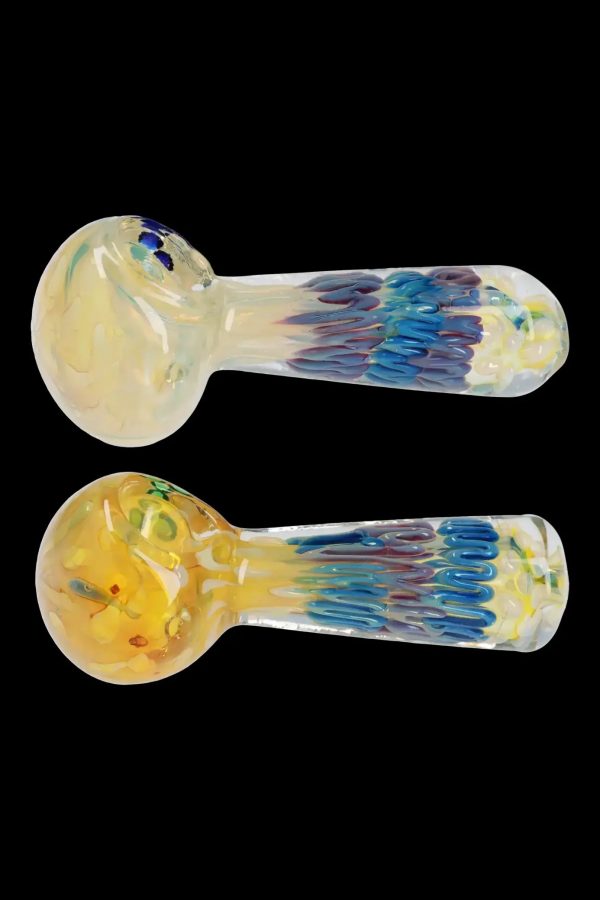 Two glass smoking pipes with colorful speckled and striped designs against a black background.