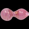 Pink glass cannabis pipe with swirling patterns.