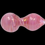 Pink glass cannabis pipe with swirling patterns.