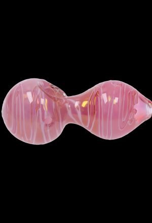 Pink glass cannabis pipe with swirling patterns.
