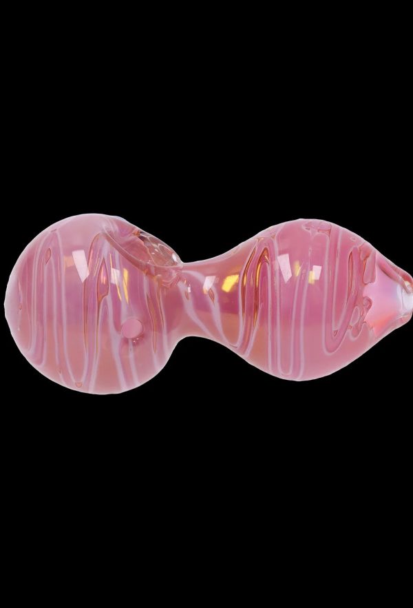 Pink glass cannabis pipe with swirling patterns.