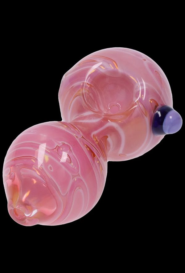 Pink glass bubbler pipe with swirling patterns and a blue mouthpiece.