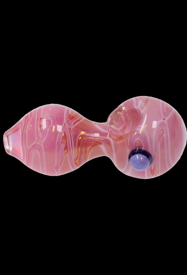Pink glass bubbler with purple accents.