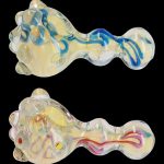 Two colorful glass pipes with sculpted, organic shapes and swirling patterns, isolated on a black background.