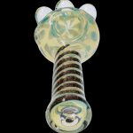 Hand-blown glass pipe with striped and swirled patterns.