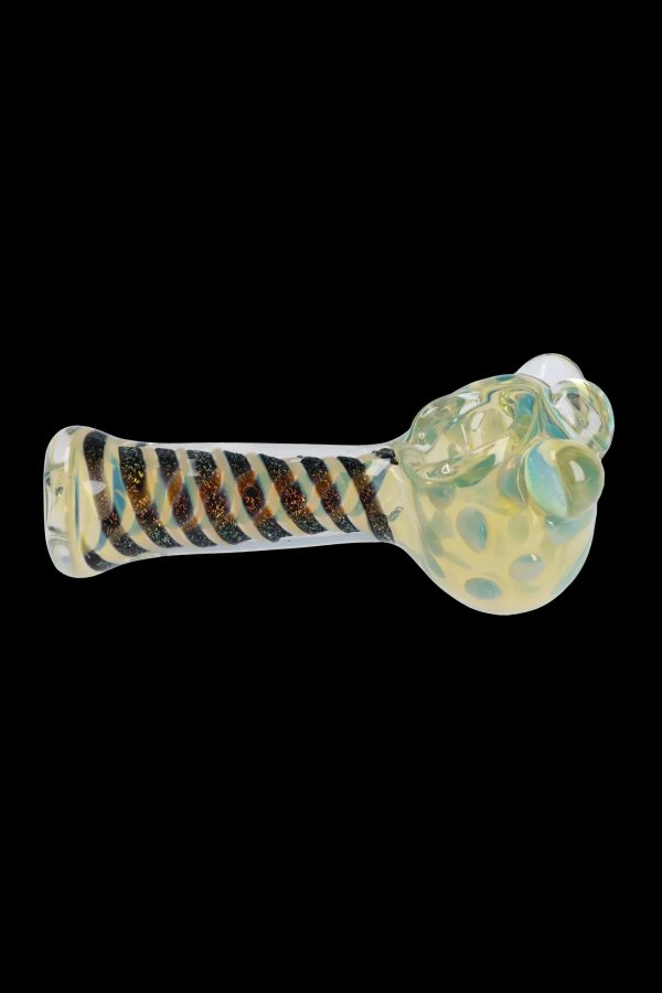 A side view of the 4.5-inch Dicro Spoon Pipe, showcasing its colorful dichroic glass finish.