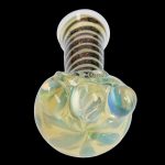 Iridescent glass cannabis water pipe with striped mouthpiece.