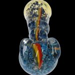 Hand-blown glass bubbler with blue and white swirling patterns and a red accent line, isolated on a black background.