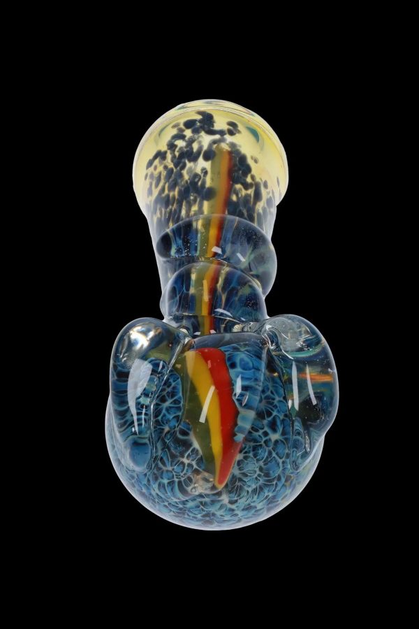 Hand-blown glass bubbler with blue and white swirling patterns and a red accent line, isolated on a black background.