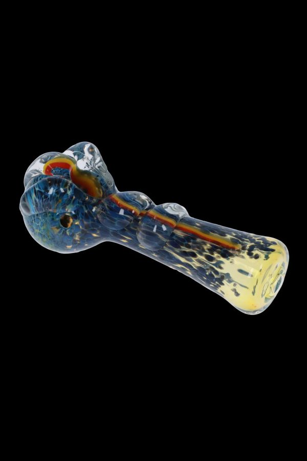 Hand pipe with colorful glass swirls.